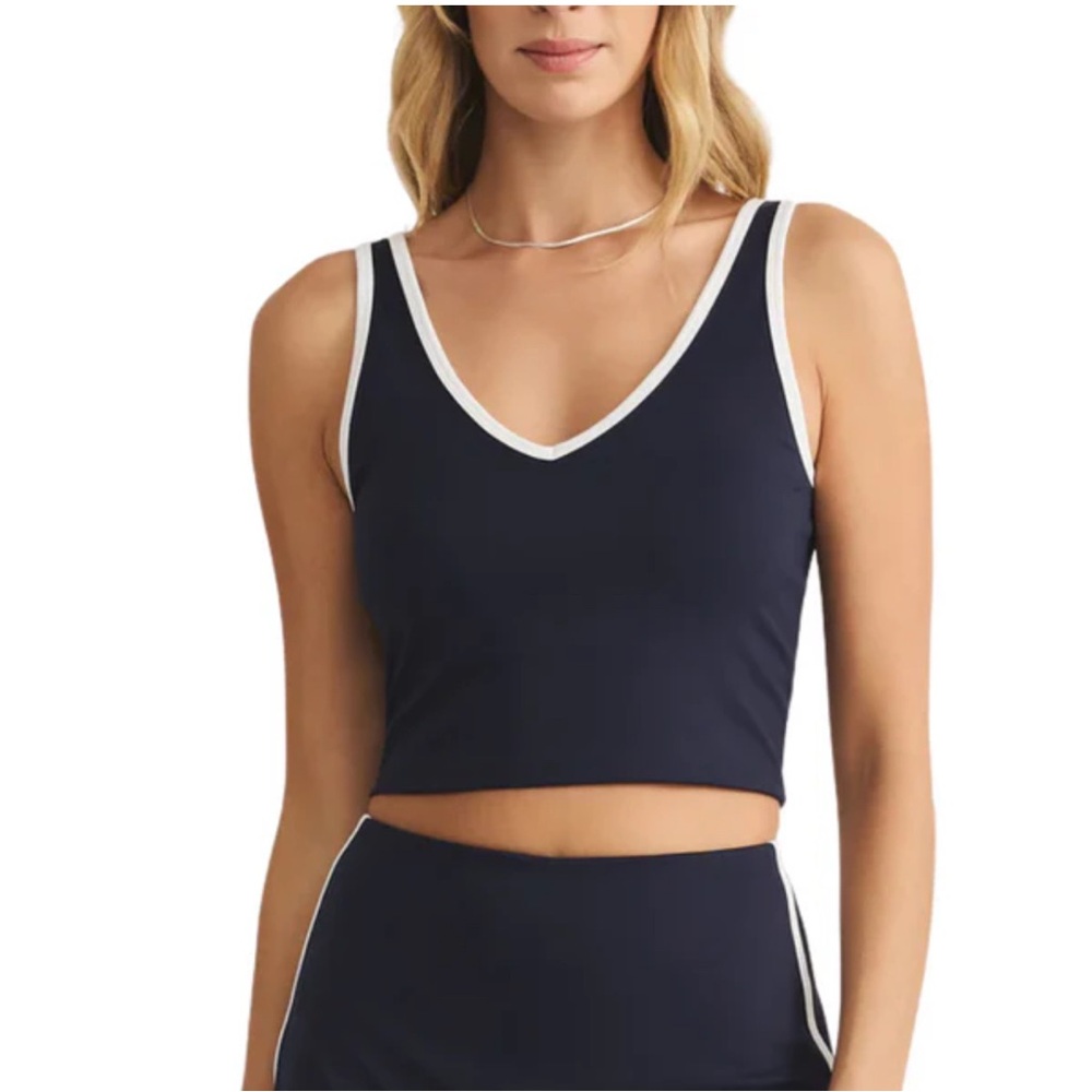 Z Supply NEWPORT TOP cropped Tank Bra navy blue with white trim built in bra